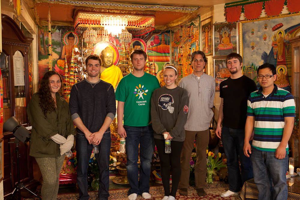 At the Khmer Buddhist Temple, Utica, from left Allie Goodman, Lewis Leone, Alex Potoczak, Jaclyn Kogler, Jacob Trahan, Professor Plate, and Sokhom Teng from the temple.